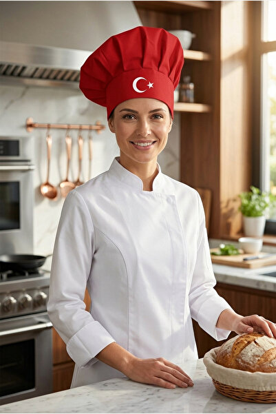 enmalife Kırmızı Üzeri Beyaz Çatal Kaşık Logo Baskılı Şef Aşçı Şapkası, Manta...