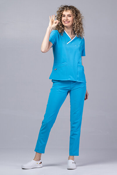 OEM Costum medical premium ONYX pentru femei, culoarea oceanului cu bordură albă