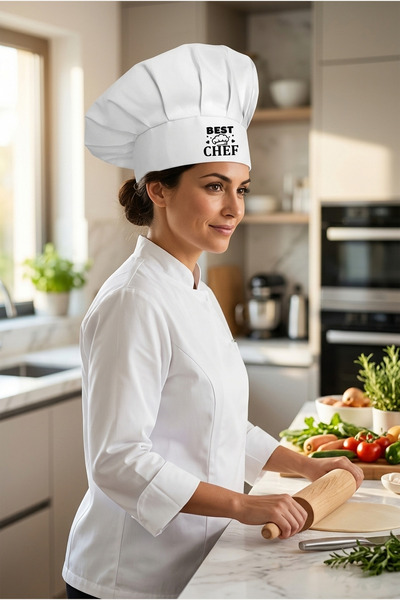 enmalife Siyah Best Chef Baskılı Beyaz Şef Aşçı Şapkası, Mantar Kep