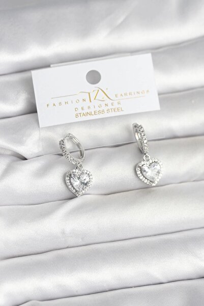 TakÇalıştır Brass Silver Color Zircon Stone Heart Model Women's Earrings