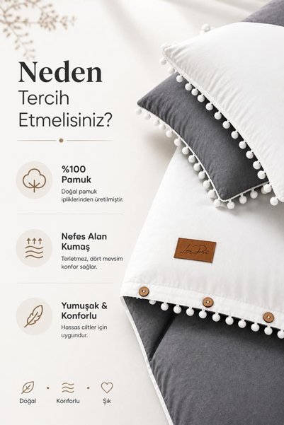 Larispera Cotton Ranforce Pompom Double Duvet Cover Set with Luxurious Detailed Leather Label and Wooden Buttons