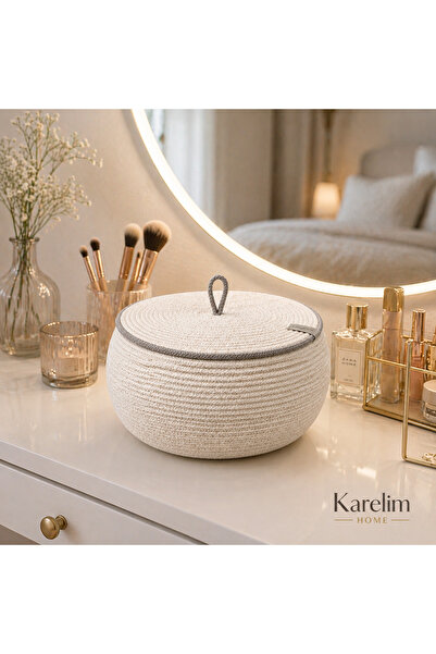 karelim home سلة حبل الجوت متعددة الأغراض مع غطاء إكرو - 25x15
