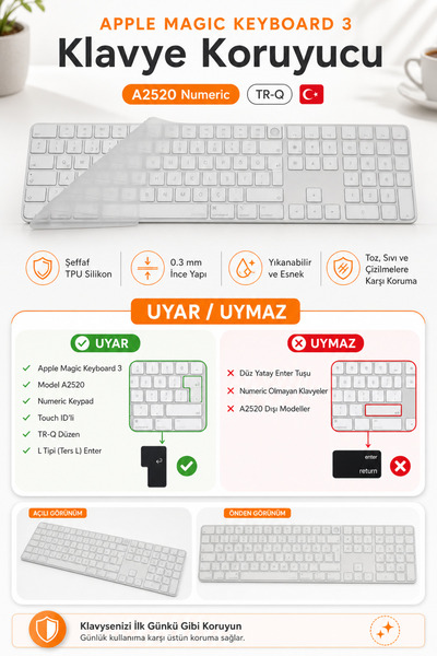 Mcstorey Klavye Koruyucu Apple Magic Keyboard 3 Silikon Kılıf (TR-UK) A2520 N...
