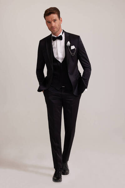 Ysf Erkek Siyah Yelekli Kırlangıç Yaka Slim Fit Damatlık