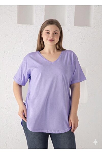 Trendbade Butik Kadın V Yaka Büyük Beden T-shirt Mor