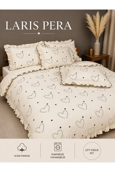 Larispera 100% Cotton Ranforce Double Ruffled Duvet Cover Set, Ruffled, Soft, Breathable