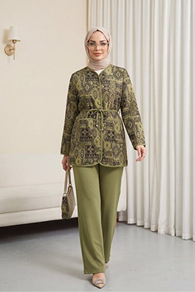 Modamorfo Top with Buttons, Pockets, Belt, Patterned Pants Dabıl Set -Khaki