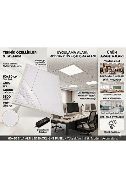 EMİRHANNALBUR Noas 40W (3600 LÜMEN) 60x60 Backlight Led Panel Sıva Altı Armat...