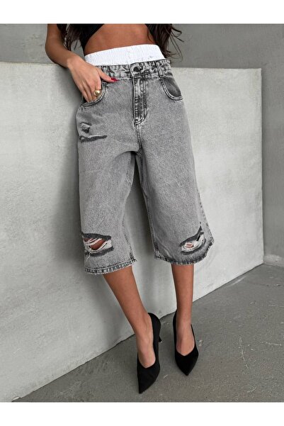 HerTon Pantaloni scurți din denim cu talie înaltă, sub genunchi, cu detalii r...