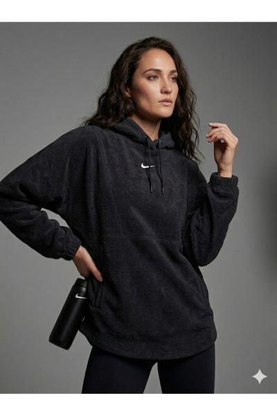 Nike One Oversized Therma-Fit Pullover Fleece Hoodie Training Polarlı Siyah K...