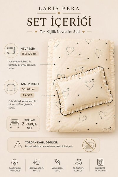 Larispera 100% Cotton Single Ruffled Duvet Cover Set with Ruffles, Heart Pattern, Soft and Breathable