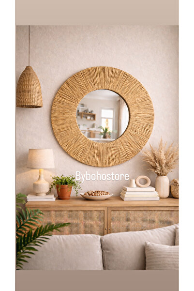 BOHEM Hasır Ayna Yuvarlak Duvar Aynası 50cm Doğal Rattan Dekoratif Salon Antr...