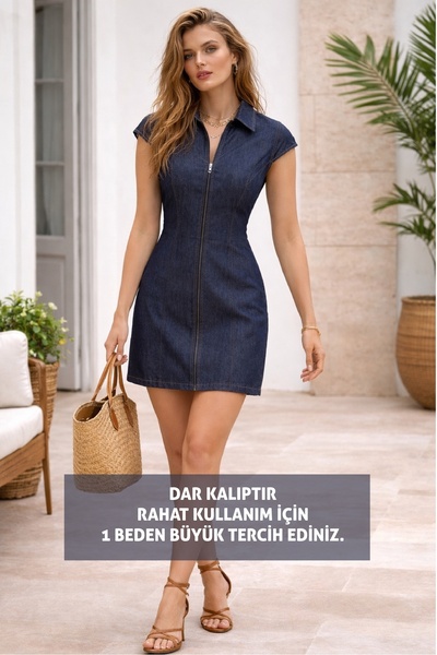 ZEYN ESTİLO Kadın Fermuarlı Mini Elbise V Yaka Şık Günlük Yazlık Fit Elbise D...