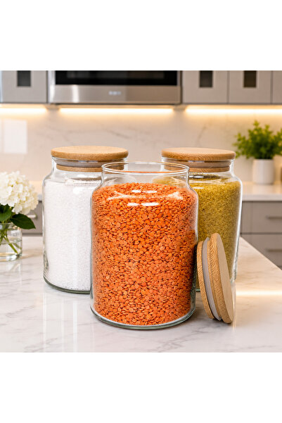 mafa home 3'lü Ahşap Vakum Kapaklı Cam Bakliyat Saklama Kavanozu Seti 800 Ml
