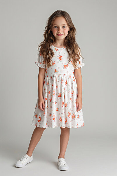 Kidyra White Orange Floral Watermelon Sleeves Girls' Dress