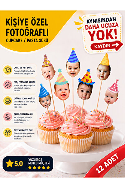 TOI SHOP Fotoğraflı Kürdan Süsü Kişiye Özel Doğum Günü Cupcake Pasta Parti De...