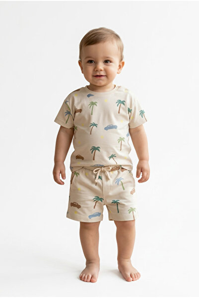 Boys Palm Printed Striped Short Sleeve Shorts Bottom Top Set