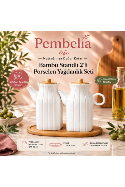 Pembelia Life Bambu Standlı 2adet Kare Porselen 1 Lt Yağdanlık&yağlık (3'LU Y...