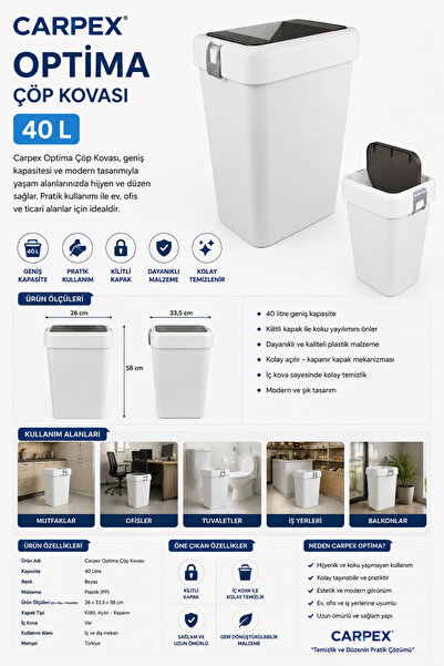 Optima Beyaz Çöp Kovası 40 L 26x33,5x58 cm