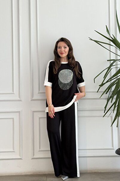 yb yağmur butik Battal Front Round Stone Detailed Tracksuit Set