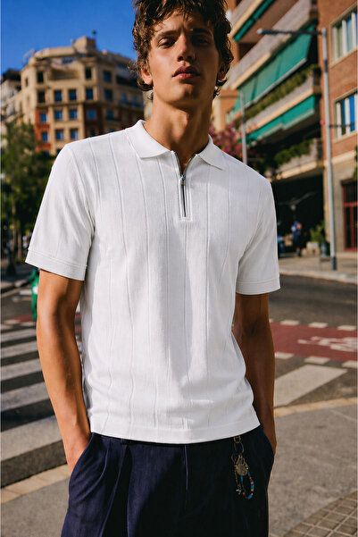 Maccali Men's Striped Zippered Trendy White Polo Collar t Shirt