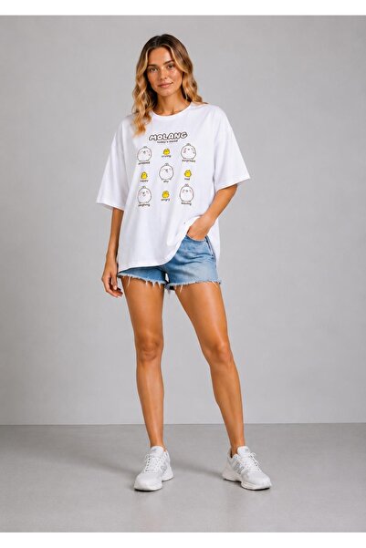 Kadın Beyaz Baskılı Tişört %100 Pamuk Oversize/Relax Fit Basic Kısa Kol Bisiklet Yaka Yazlık Günlük