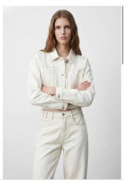 Quzu Lazerli crop ceket ekru denim