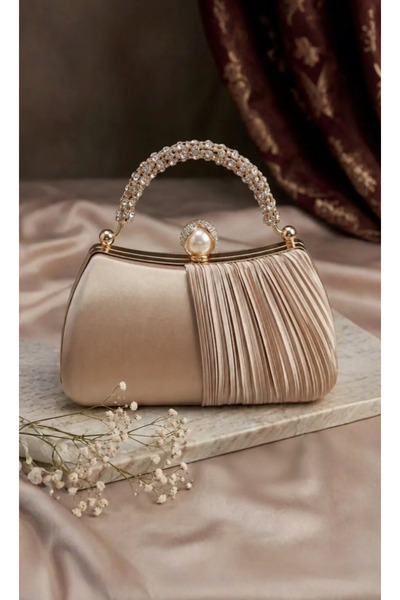 Famels Satin, Pearl Clay, and Stone Handle Evening Dress Bag, Handbag, Pearl ...