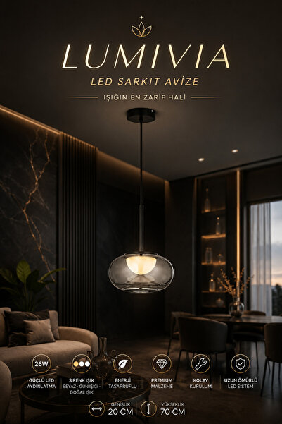 Elvora Home Modern (PREMİUM) Tekli Füme Cam 3 Renkli LEDli Sarkıt Avizesi Sal...