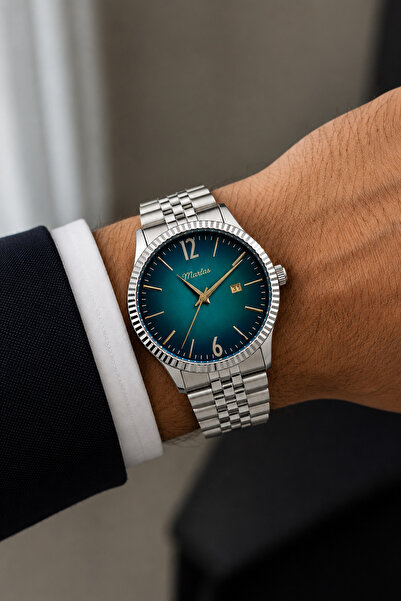 Marlas Premium Men's Watch – Steel Band with Turquoise and Navy Blue Gradient...