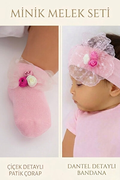 Esinti Yenidoğan Kız Bebek Çocuk Bandana ve Patik Çorap Seti