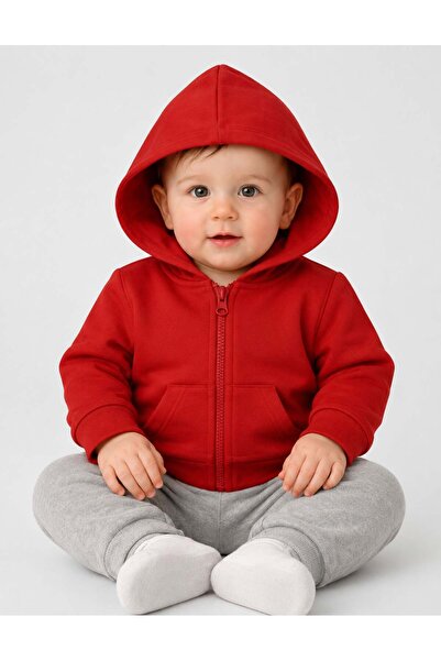 OrganicKid Basic Bebek Kırmızı Kapüşonlu Sweatshirt