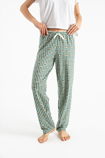 Ecrou Pantaloni de pijama pentru femei, verde, din piele intoarsa, cu un sing...