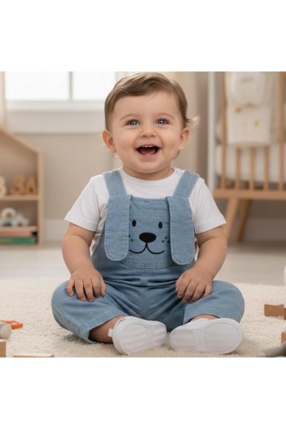 ALTINTAŞ BABY Long Ear Puppy Pocket Knitted Jeans Seasonal 2-Piece Salopet Set