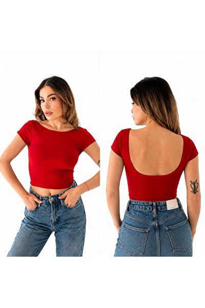 Moda Hour Women's Red Backless Short Sleeve Crop Top