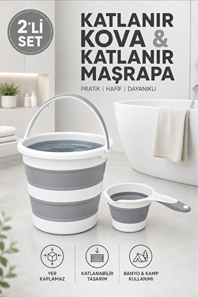 Herza House Gri Katlanabilir Kova Ve Gri Katlanabilir Maşrapa