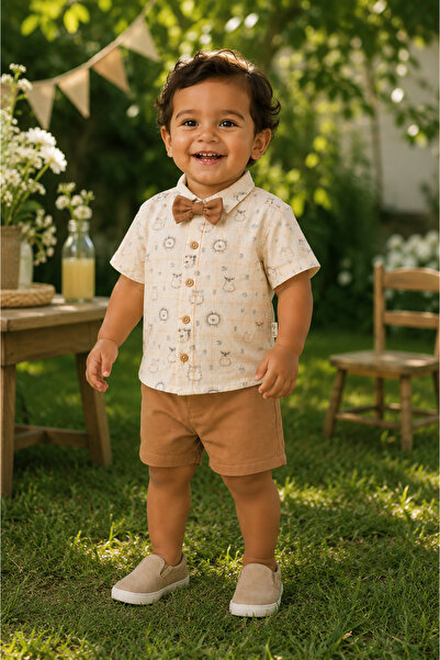 Pio Kids 100% Organic Cotton Digital Printed Shirt Linen Shorts Men's 2-Piece...