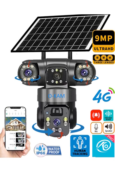 O-KAM Okam OK302PRO 9MP 4g Simkartlı Güneş Enerjili 3 Lens Görüş Akıllı Güven...