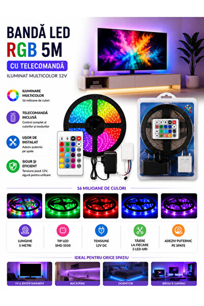OEM HomeRoy – Bandă LED RGB 5M cu Telecomandă, Iluminat Multicolor 12V
