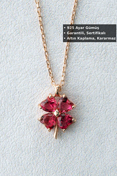 Jewelmim Kırmızı Taşlı Yoncalı Kolye | Rose Altın Kaplama 925 Ayar Kadın Dört...