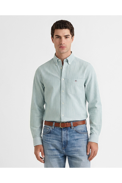 Gant Erkek Yeşil Regular Fit Çizgili Logolu Gömlek
