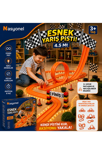 NASYONEL TOYS 4.5 Metre Esnek Yarış Pisti Turuncu Flex Track Pist Parça Set