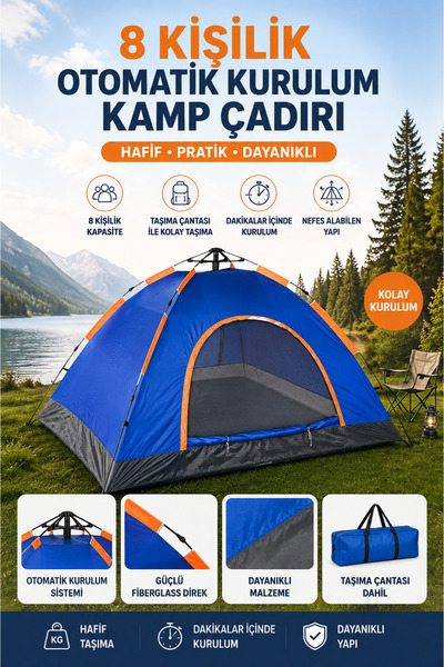 Onetick Dayanıklı Otomatik Kamp Çadırı 250x250x165 8 Kişilik