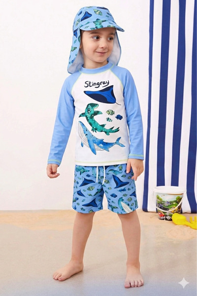 Kidora Kids Erkek Çocuk 3-10 Yaş Güneş Korumalı ve Siper Şapkalı Şortlu Mayo ...