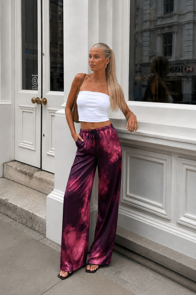 Black Fashion Bel Lastikli Desenli Saten Bordo Pantolon