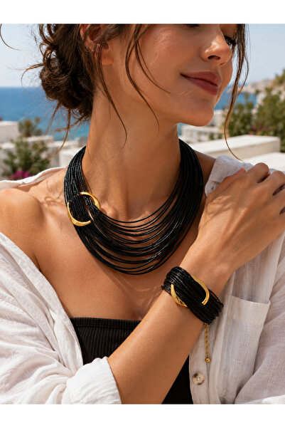 Kutcha Accessories Siyah Gold Tasarım Kolye Bileklik Takı Seti