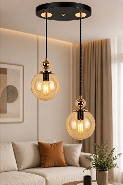 VENON Lorenza 2.Lİ Sarkıt ✨ÖRGÜ KABLOLU ✨ SİYAH ✨ GOLD DETAYLI ✨ BAL GLOP CAM...