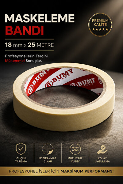 BUMY Maskeleme Boya Bandı 18 mm x 25 METRE İz Bırakmayan Dekoratif Kağıt Bant...