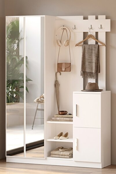 L'occi Concept Wood Aynalı Kapaklı Askılı Vestiyer Portmanto Ayakkabılık Beyaz