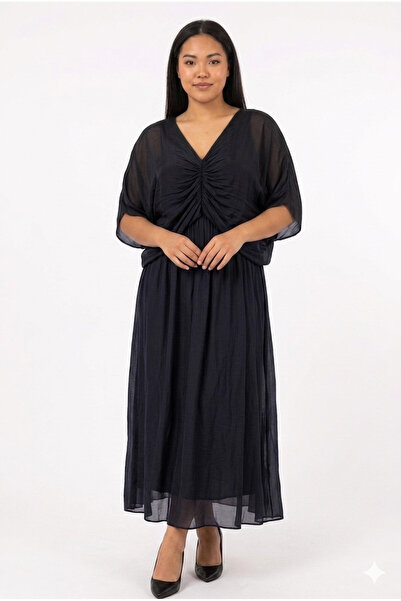 della moor Black Italian Front Gathered Short Sleeve Long Lined Silk Dress 38...
